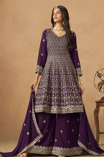 Purple embroidered faux georgette palazzo suit