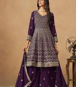 Purple embroidered faux georgette palazzo suit