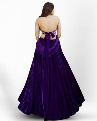 Purple thread & sequins embroidered with velvet fabric  semi stitched lehenga choli 4