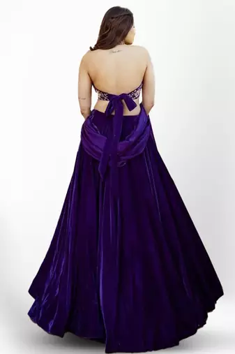Purple thread & sequins embroidered with velvet fabric  semi stitched lehenga choli