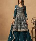 Rama blue embroidered faux georgette palazzo suit