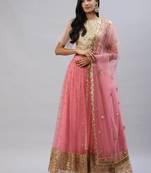 Pink Embroidered Net Lehenga Set For Wedding