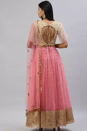 Pink Embroidered Net Lehenga Set For Wedding
