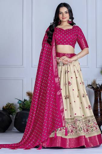 Pink Jacquard Silk Zari Work With Printed Lehenga Festive Wear