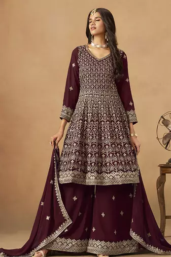 Maroon embroidered faux georgette palazzo suit