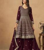 Maroon embroidered faux georgette palazzo suit