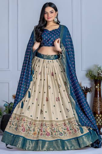 Blue Jacquard Silk Zari Work With Printed Lehenga Festive Wear