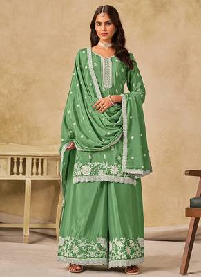Green embroidered chinon palazzo suit 1