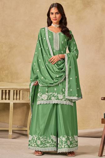 Green embroidered chinon palazzo suit