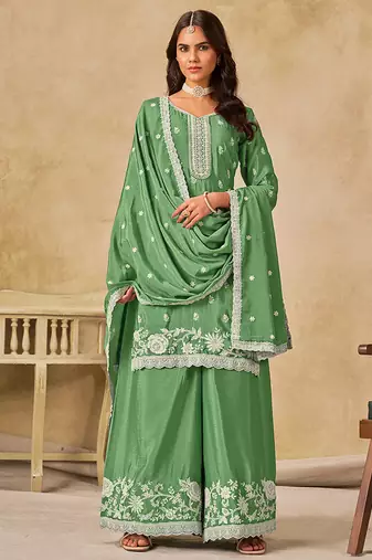 Green embroidered chinon palazzo suit