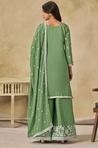 Green embroidered chinon palazzo suit
