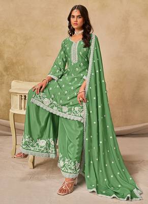Green embroidered chinon palazzo suit 3