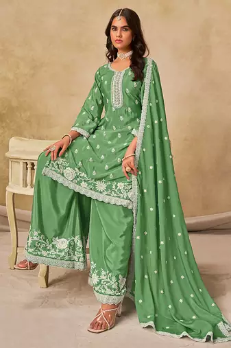 Green embroidered chinon palazzo suit