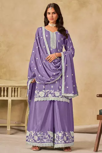 lavender embroidered chinon palazzo suit