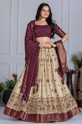 Wine Jacquard Silk Zari Work With Printed Lehenga Festive Wear