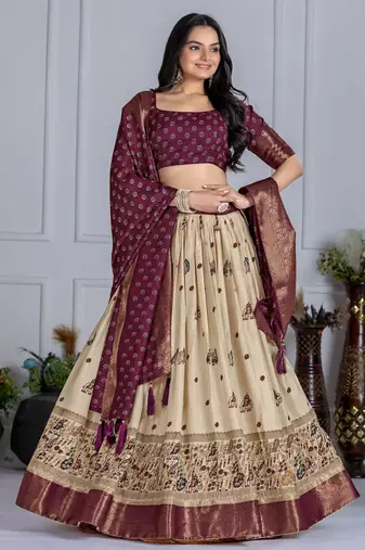 Wine Jacquard Silk Zari Work With Printed Lehenga Festive Wear