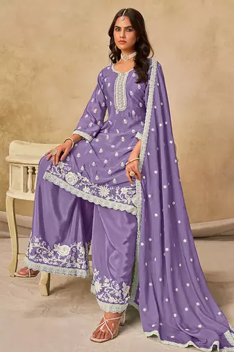 lavender embroidered chinon palazzo suit