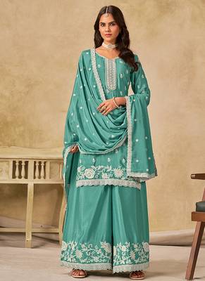 Sea green embroidered chinon palazzo suit 1