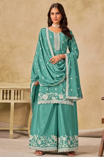 Sea green embroidered chinon palazzo suit