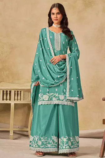 Sea green embroidered chinon palazzo suit