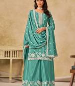 Sea green embroidered chinon palazzo suit