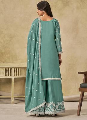 Sea green embroidered chinon palazzo suit 2