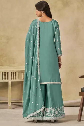 Sea green embroidered chinon palazzo suit