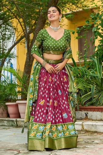 Wine Jacquard Silk Zari Work With Printed Lehenga Festive Wear