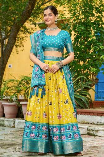 Eilara Women's Yellow Jacquard Silk Zari Work With Printed Lehenga Festive Wear