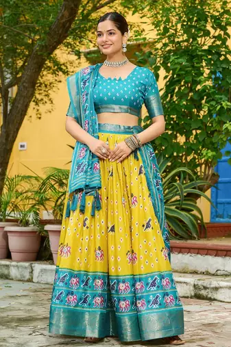 Eilara Women's Yellow Jacquard Silk Zari Work With Printed Lehenga Festive Wear