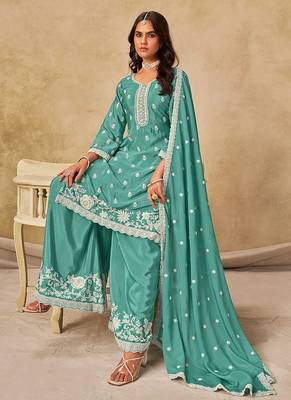 Sea green embroidered chinon palazzo suit 3