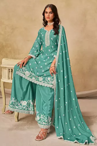 Sea green embroidered chinon palazzo suit