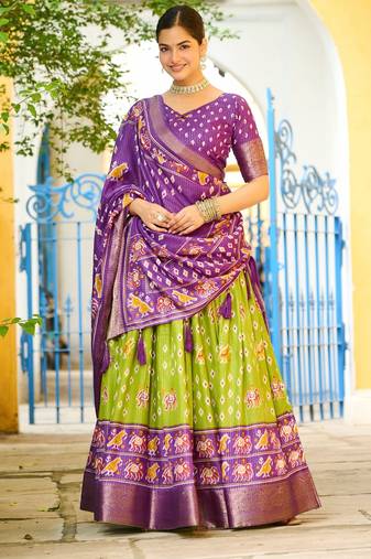 Mehendi Jacquard Silk Zari Work With Printed Lehenga Festive Wear