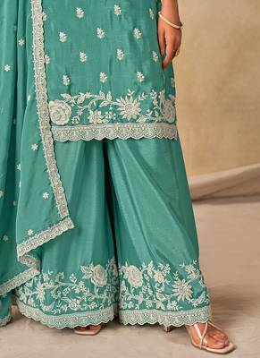 Sea green embroidered chinon palazzo suit 4
