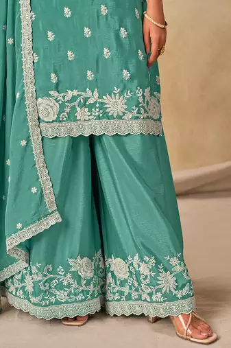 Sea green embroidered chinon palazzo suit