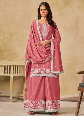 Pink embroidered chinon palazzo suit 1