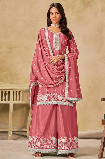 Pink embroidered chinon palazzo suit