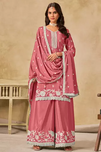 Pink embroidered chinon palazzo suit