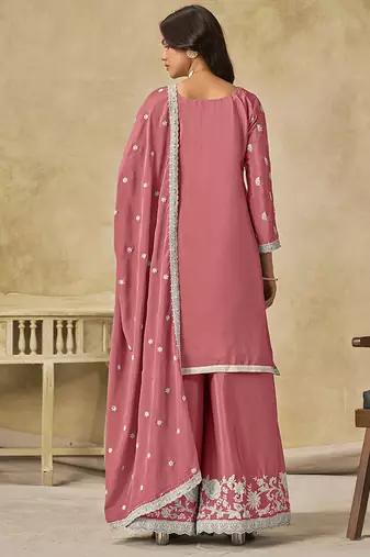 Pink embroidered chinon palazzo suit