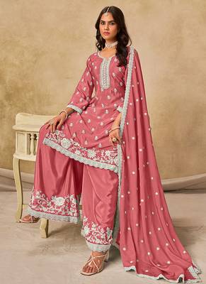 Pink embroidered chinon palazzo suit 3