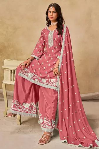 Pink embroidered chinon palazzo suit
