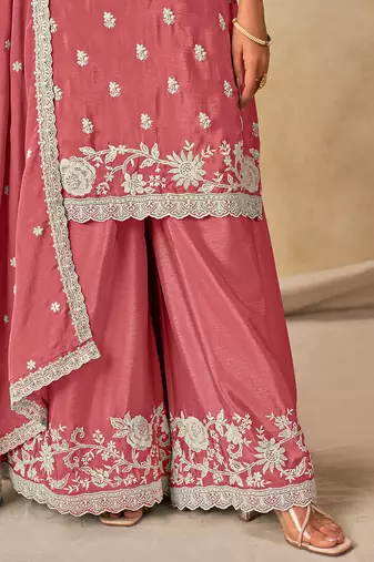 Pink embroidered chinon palazzo suit