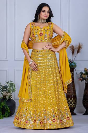 Yellow embroidered Georgette Lehenga Set With Dupatta