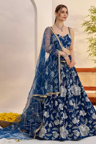 Morpeachblue Net With embroidered party wear lehenga choli
