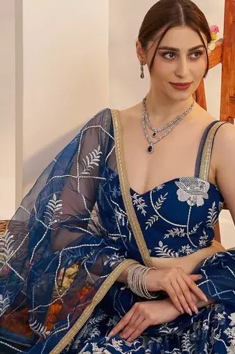Morpeachblue Net With embroidered party wear lehenga choli