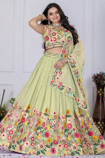 Pistagreen Lehenga Choli With Sequence Embroidery & Thread Work