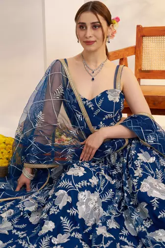 Morpeachblue Net With embroidered party wear lehenga choli