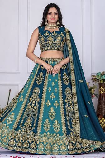 Blue Embroidered Georgette Lehenga Set With Dupatta