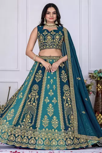 Blue Embroidered Georgette Lehenga Set With Dupatta