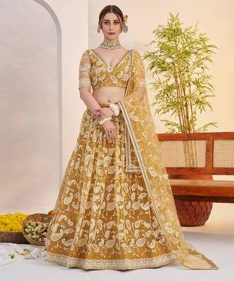 light golden Net With embroidered party wear lehenga choli 1